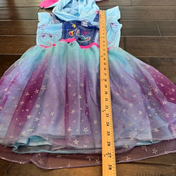 💜3/$15 Disney Lilo & Stitch Girls Tulle Tutu Dress Hoodie Blue Purple Patches L - Picture 10 of 11